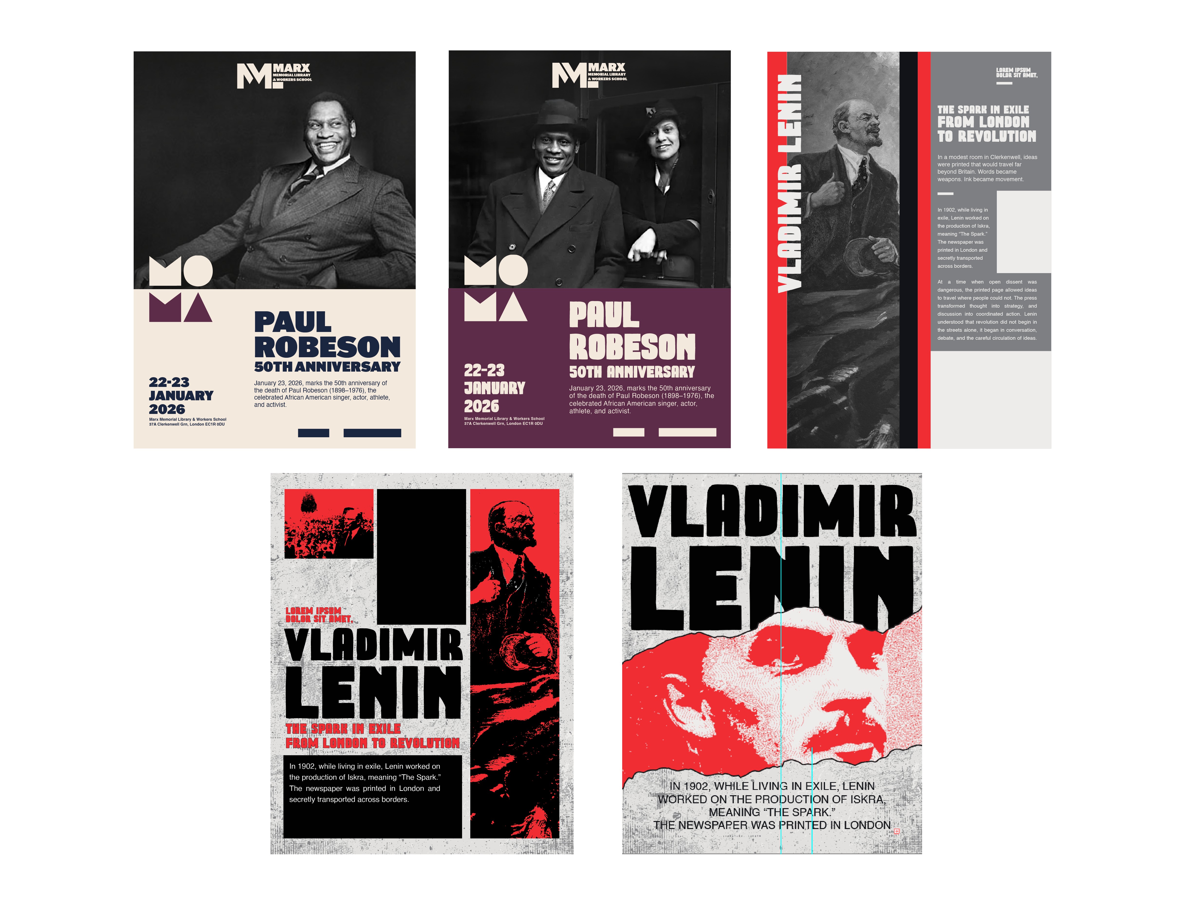 MML poster process board 01, Paul Robeson and Vladimir Lenin drafts